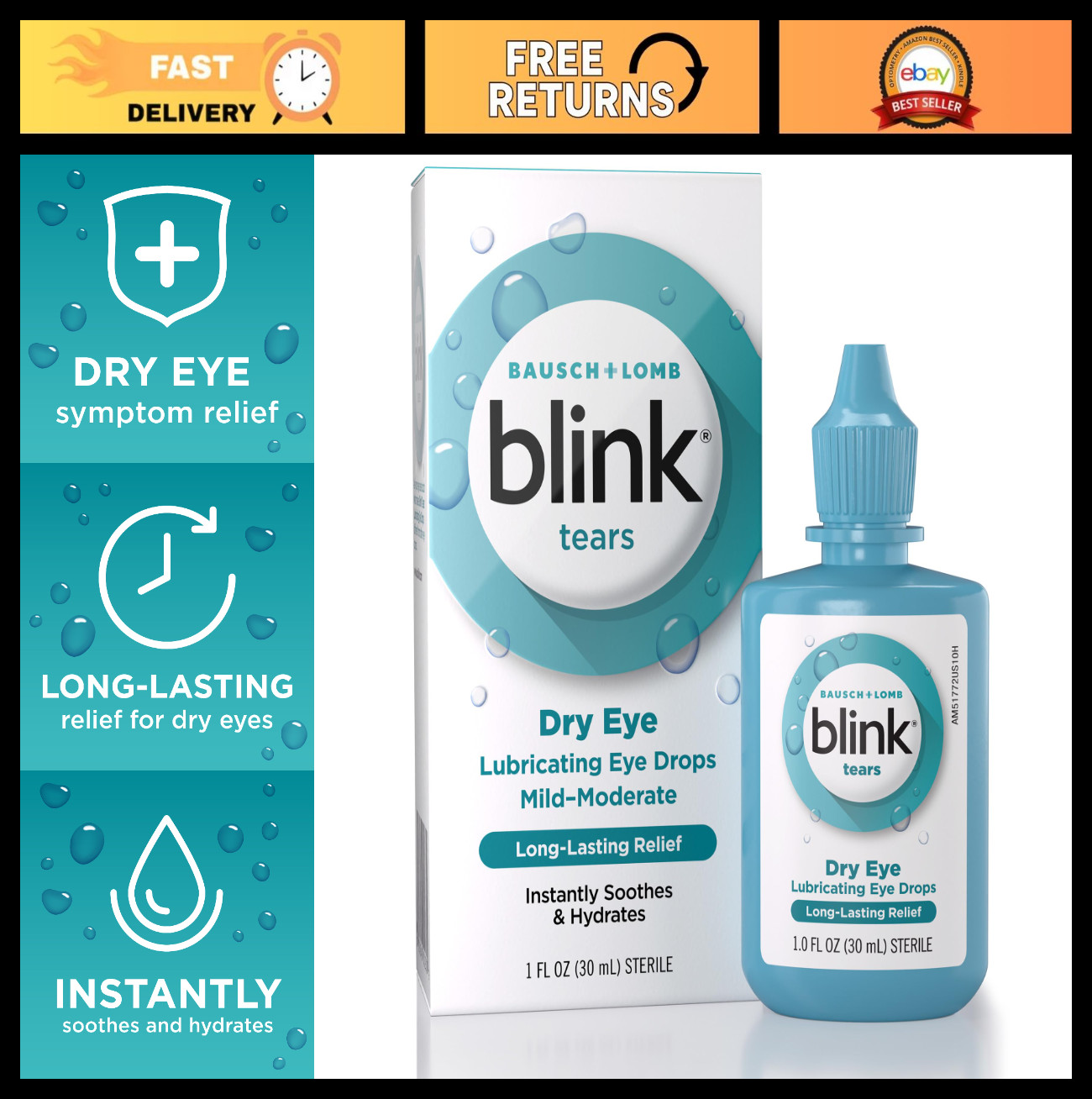 Moisturizing Eye Drops for Dry Eyes, Soothing Hydration with Hyaluronate, 1 Fl O