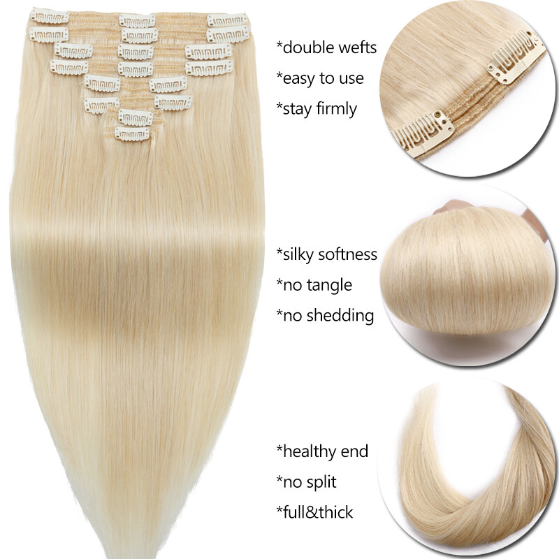 Full Head Clip In Remy Human Hair Extensions Double Wefted Thick 8Pieces 18Clips