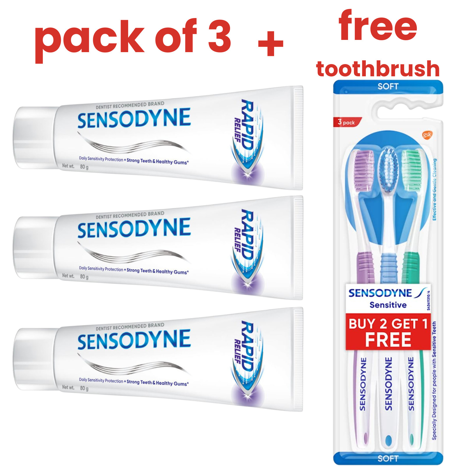 Sensodyne Rapid Relief Toothpaste Pack of 3 x 80g + Free Sensitive Toothbrush