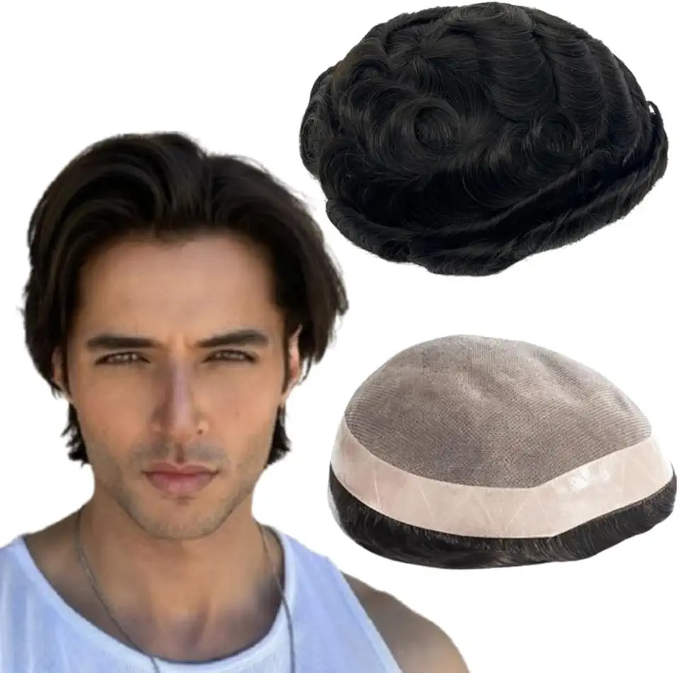 Toupee for Men Fine Mono Men Toupee Human Hair Replacement System Free Shipping