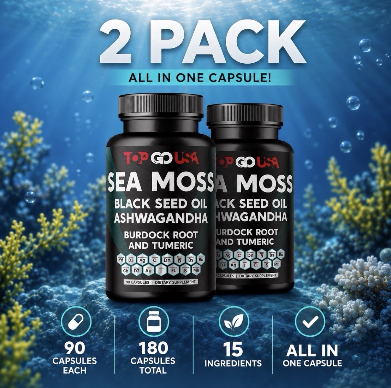 2 Pack Sea Moss Black Seed Oil Ashwagandha Burdock Root Turmeric 180 Capsules