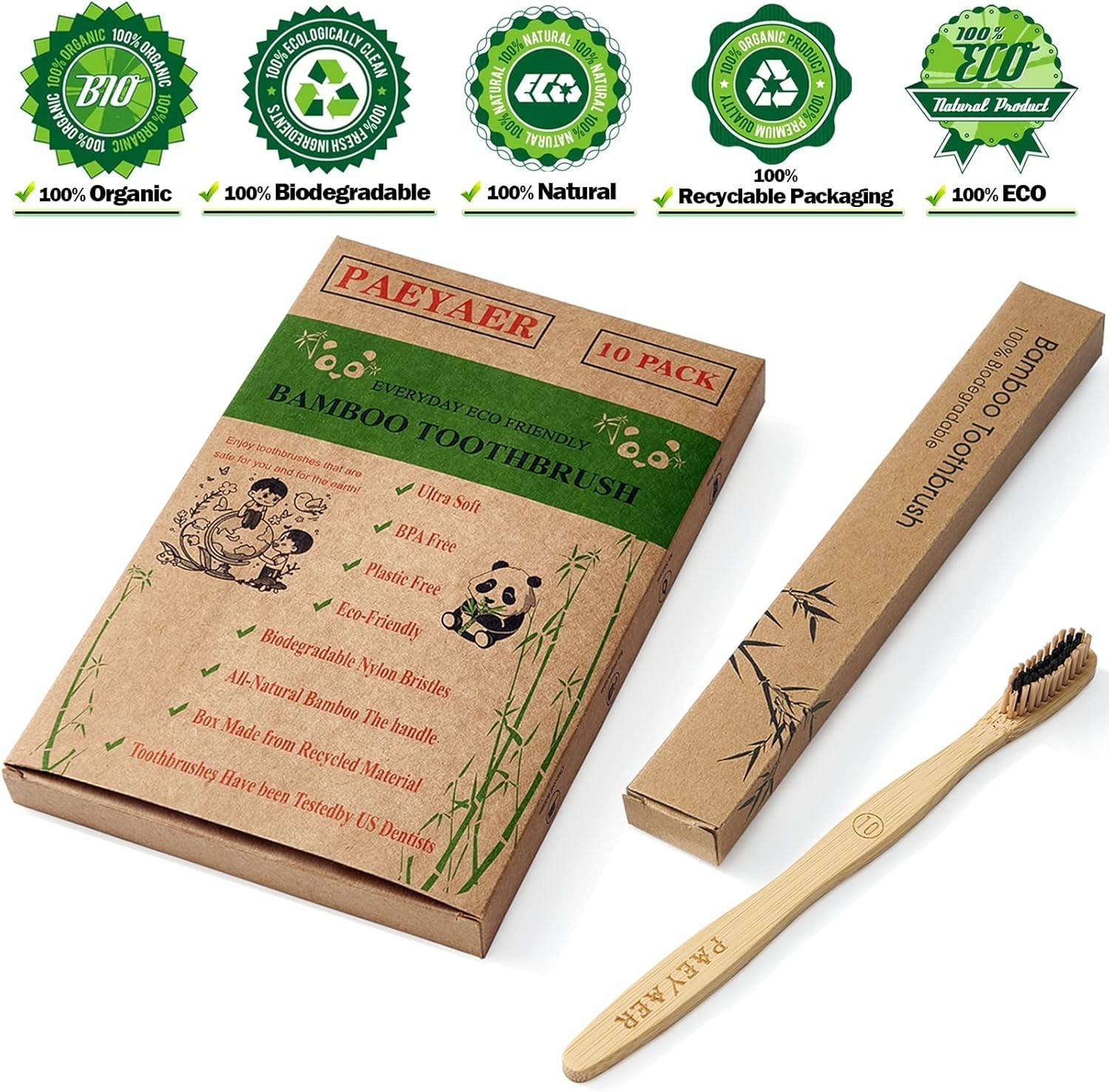 Bamboo Toothbrushes 10 Pack Biodegradable Soft Medium Charcoal Bristles