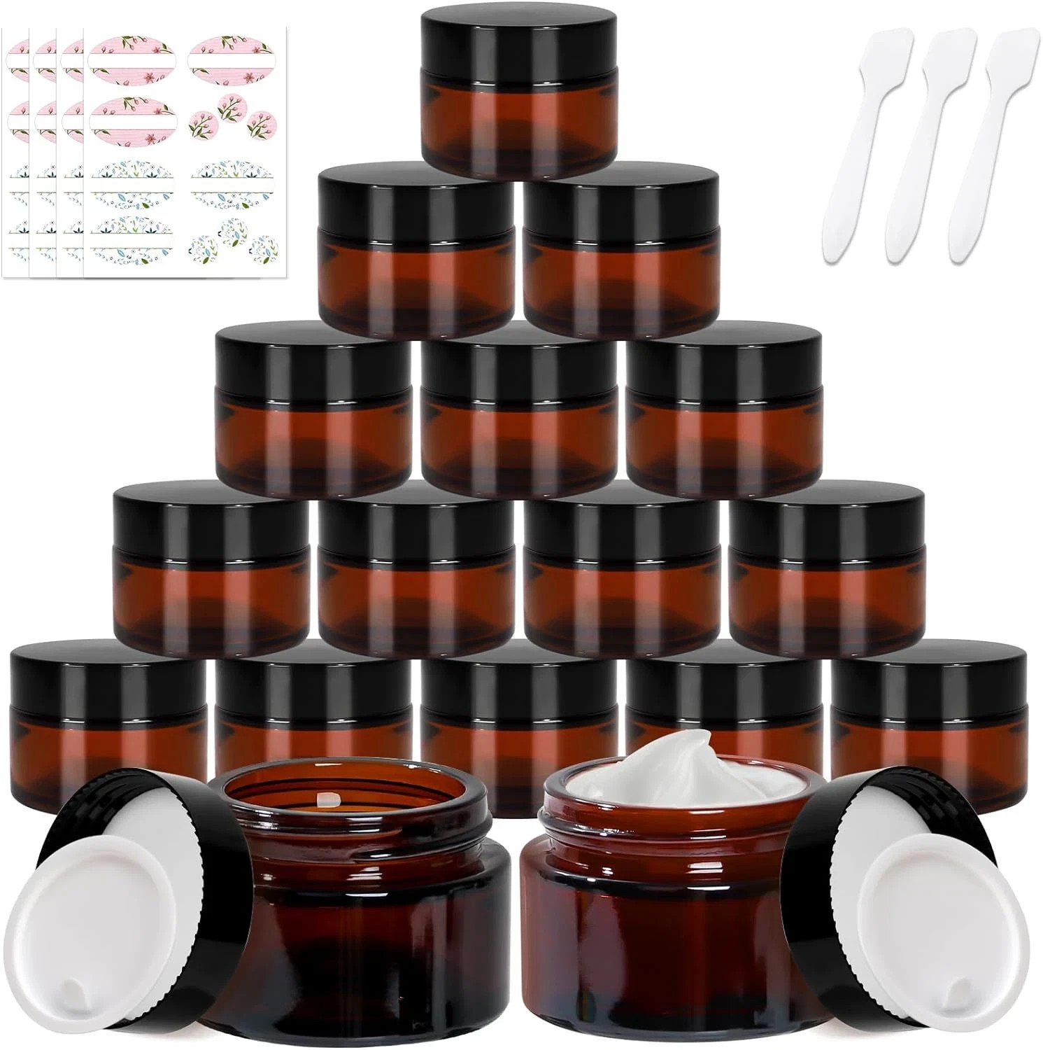 1 Oz Amber Glass Jars,24 Pack Empty Cosmetic Containers with Black Screw Lids,Re
