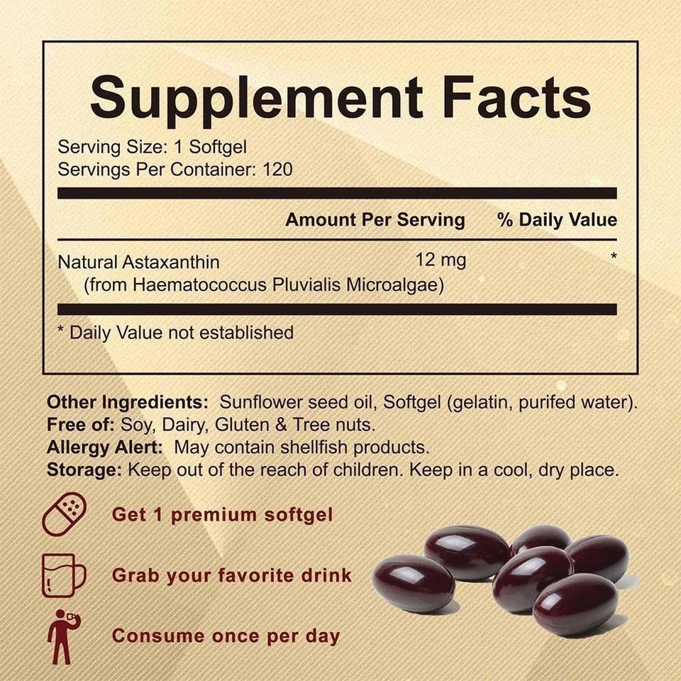 12mg Astaxanthin Antioxidant Supplements Fresh Microalgae Eye Joint Skin Health