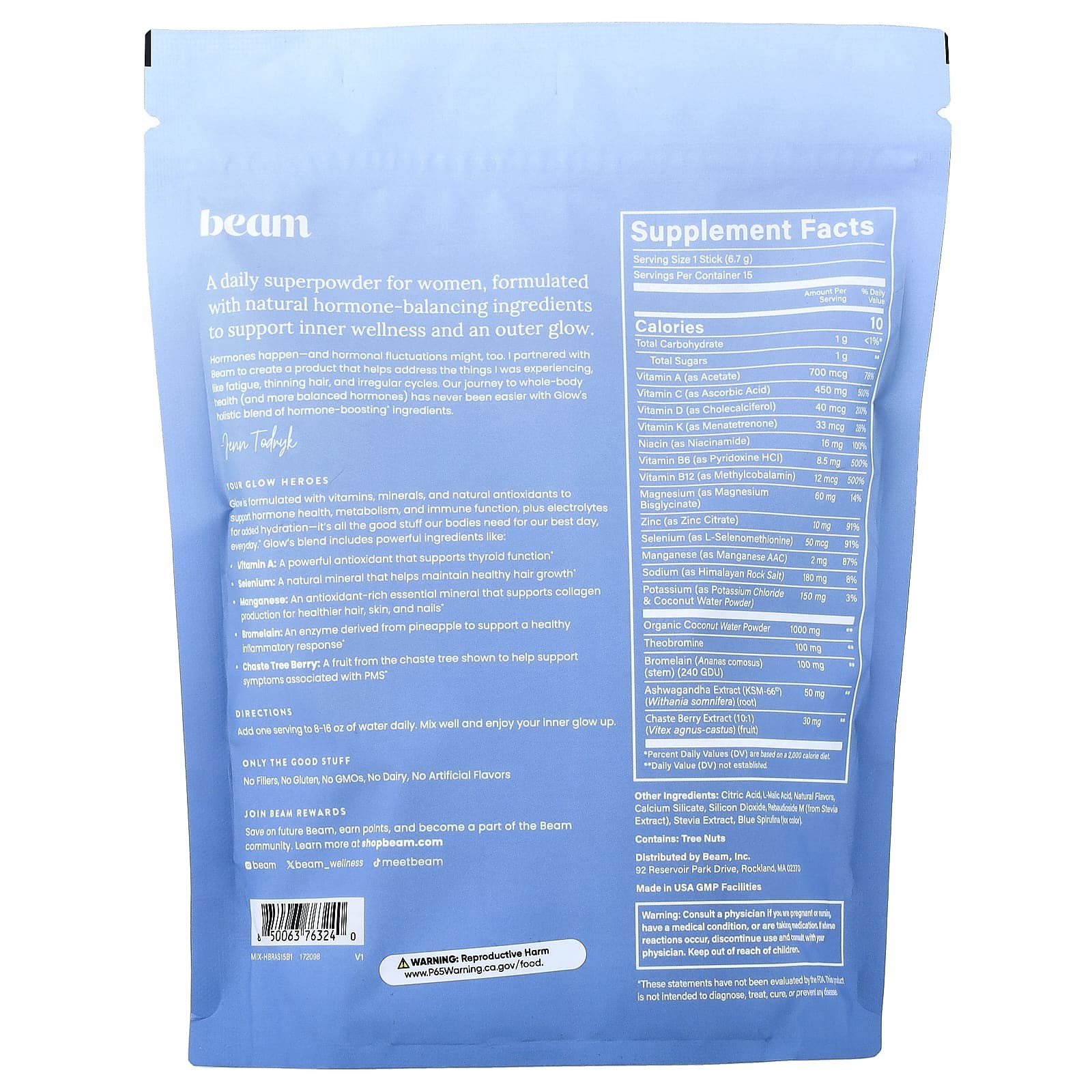 Beam Glow, Blue Raspberry, 15 Stick Packs, 0.22 oz (6.3 g) Each