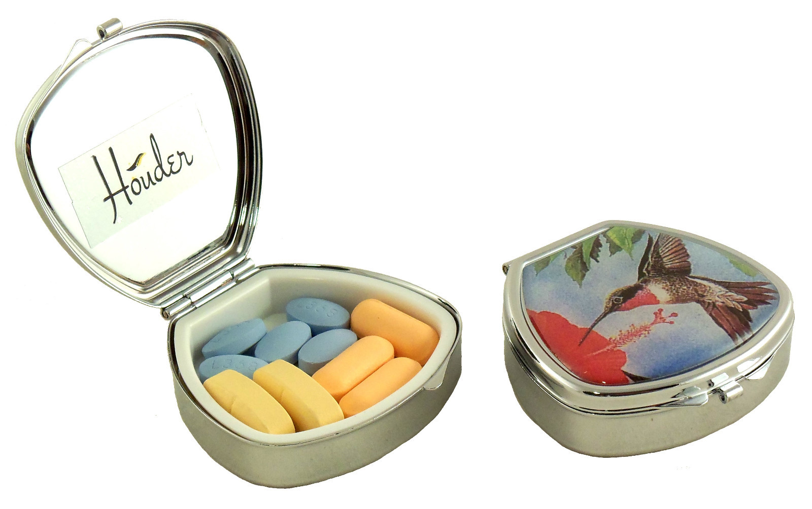 Pill Box Decorative Case Travel Vitamin Med Mint Holder Hummingbird Floral Metal