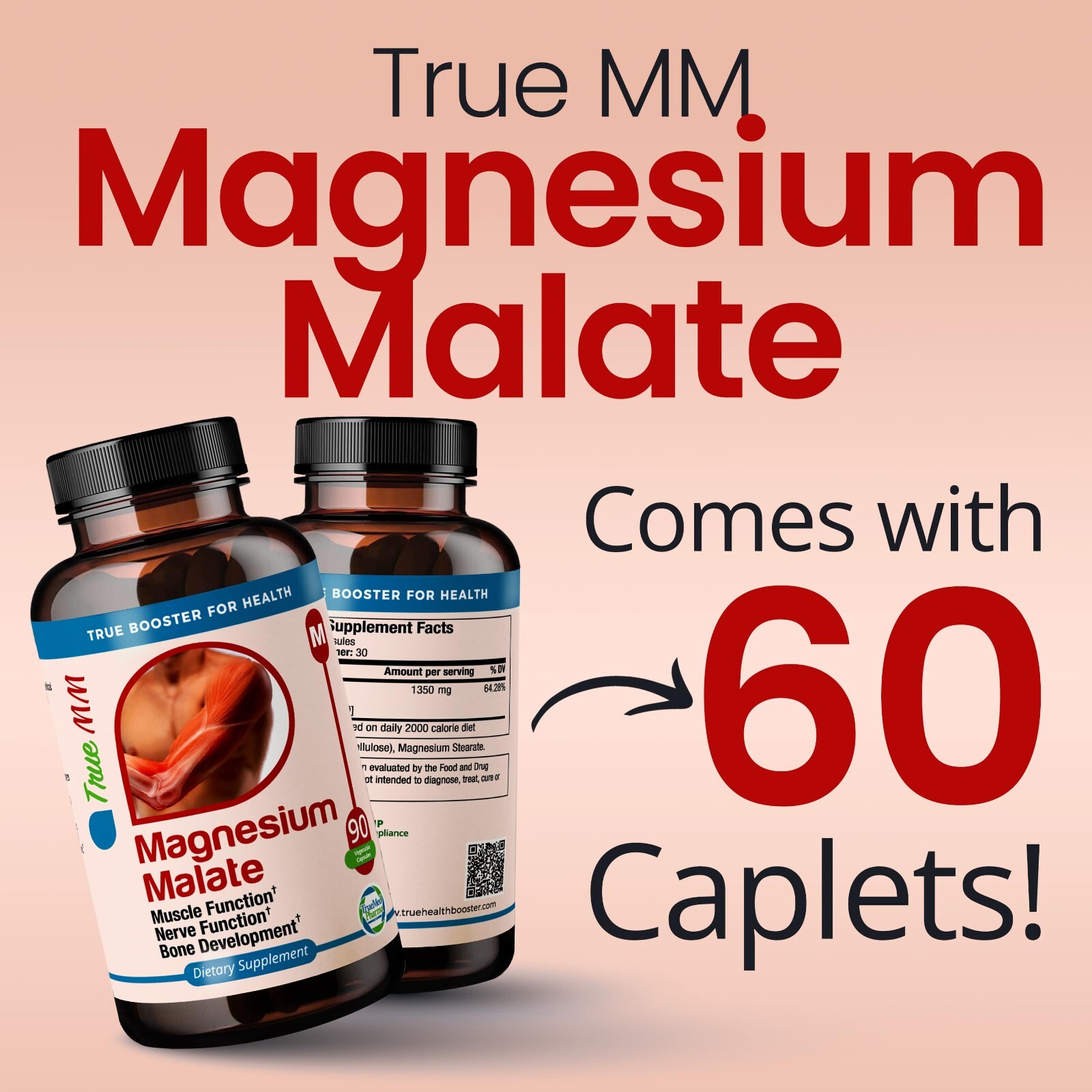 TrueMed Magnesium Malate Malic Acid Support Muscle 1350mg 90 Capsules Supplement