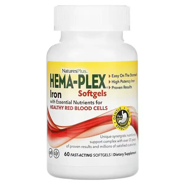 NaturesPlus Hema-Plex Iron – 60 Fast-Acting Softgels – 85 mg Elemental Iron +