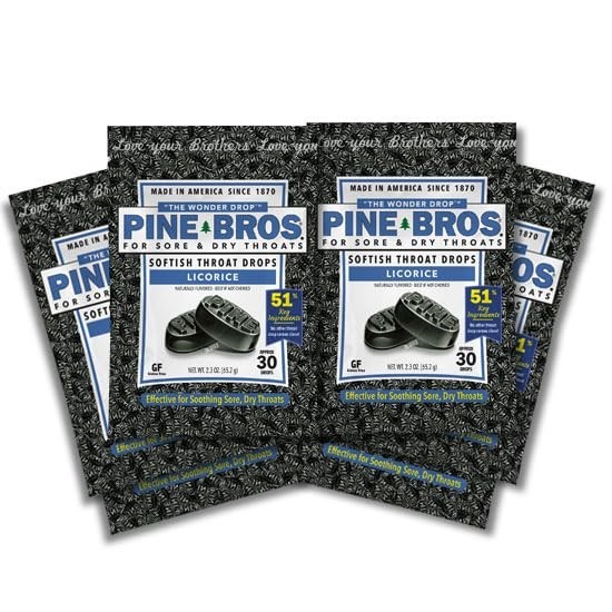 Pine Bros. Gummy Sore Throat Softish Drops 30 Count (approx) (6 Bags, Licorice)