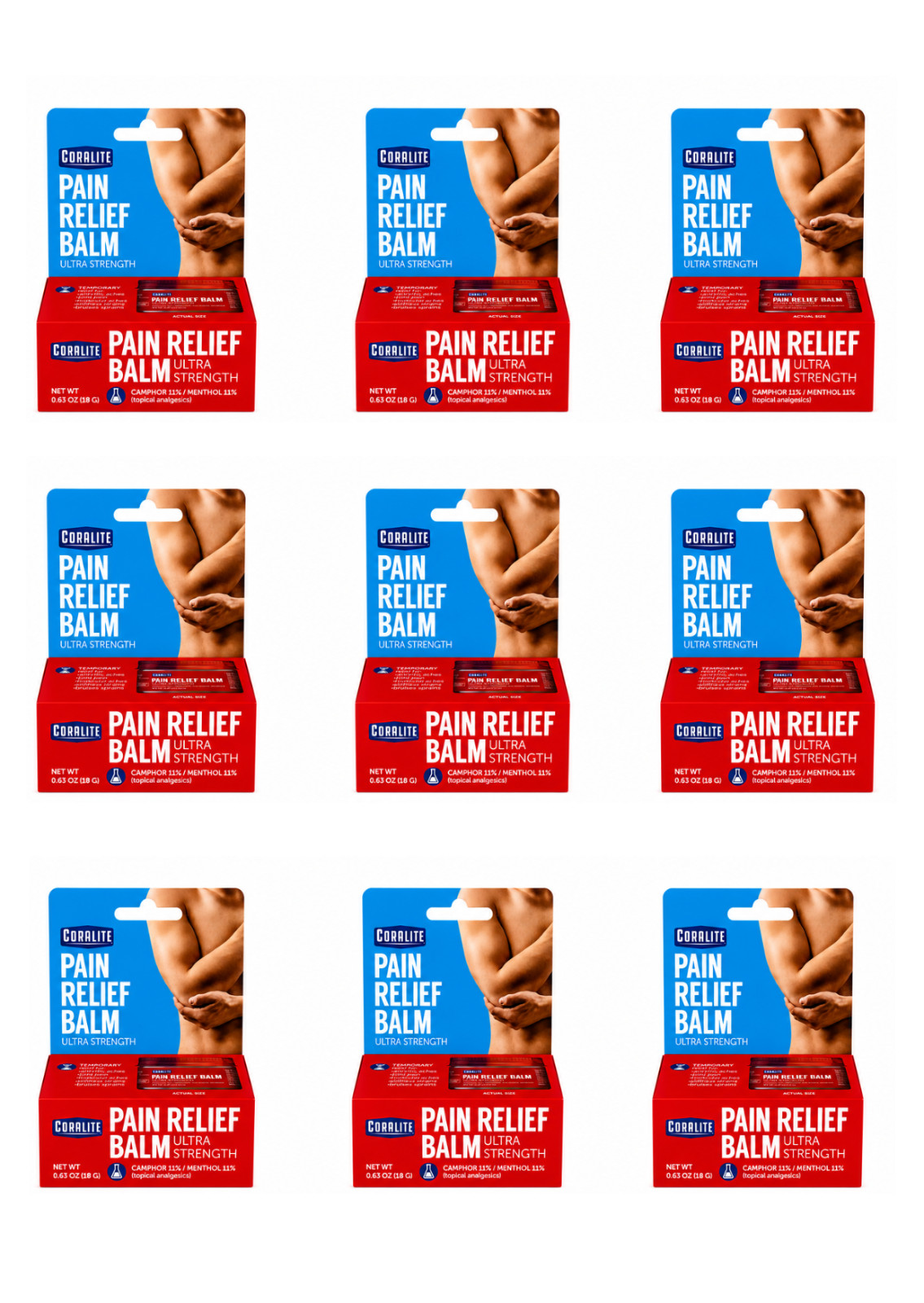 Coralite Pain Relief Balm Ultra Strength 9 Pack 0.63 oz Muscle Joint Relief