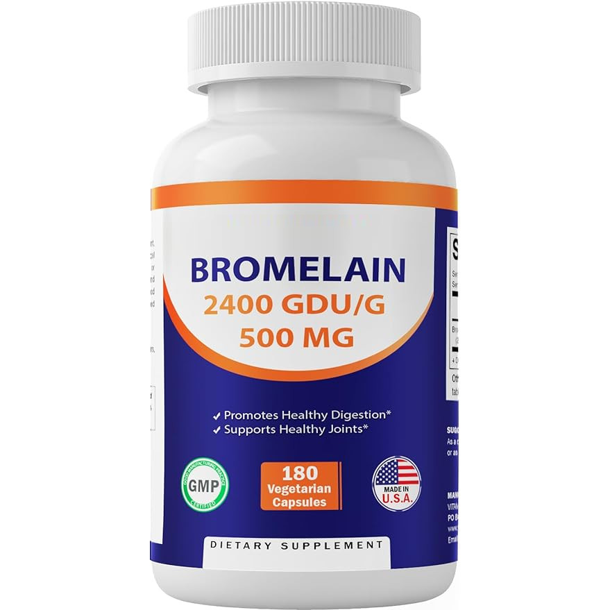 Vitamatic Bromelain 500mg 2400 GDU/g 180 Caps NonGMO/No Gluten Digestive Enzymes