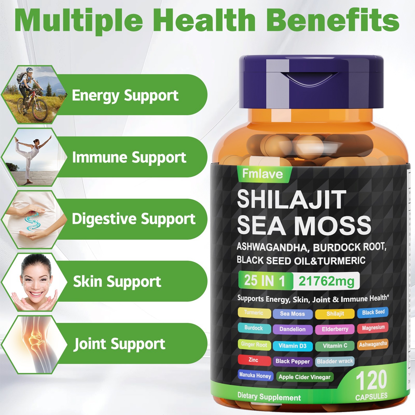 25 in 1 Sea Moss, Black Seed Oil, Ashwagandha, Turmeric, Ginger, Shilajit 120 ct