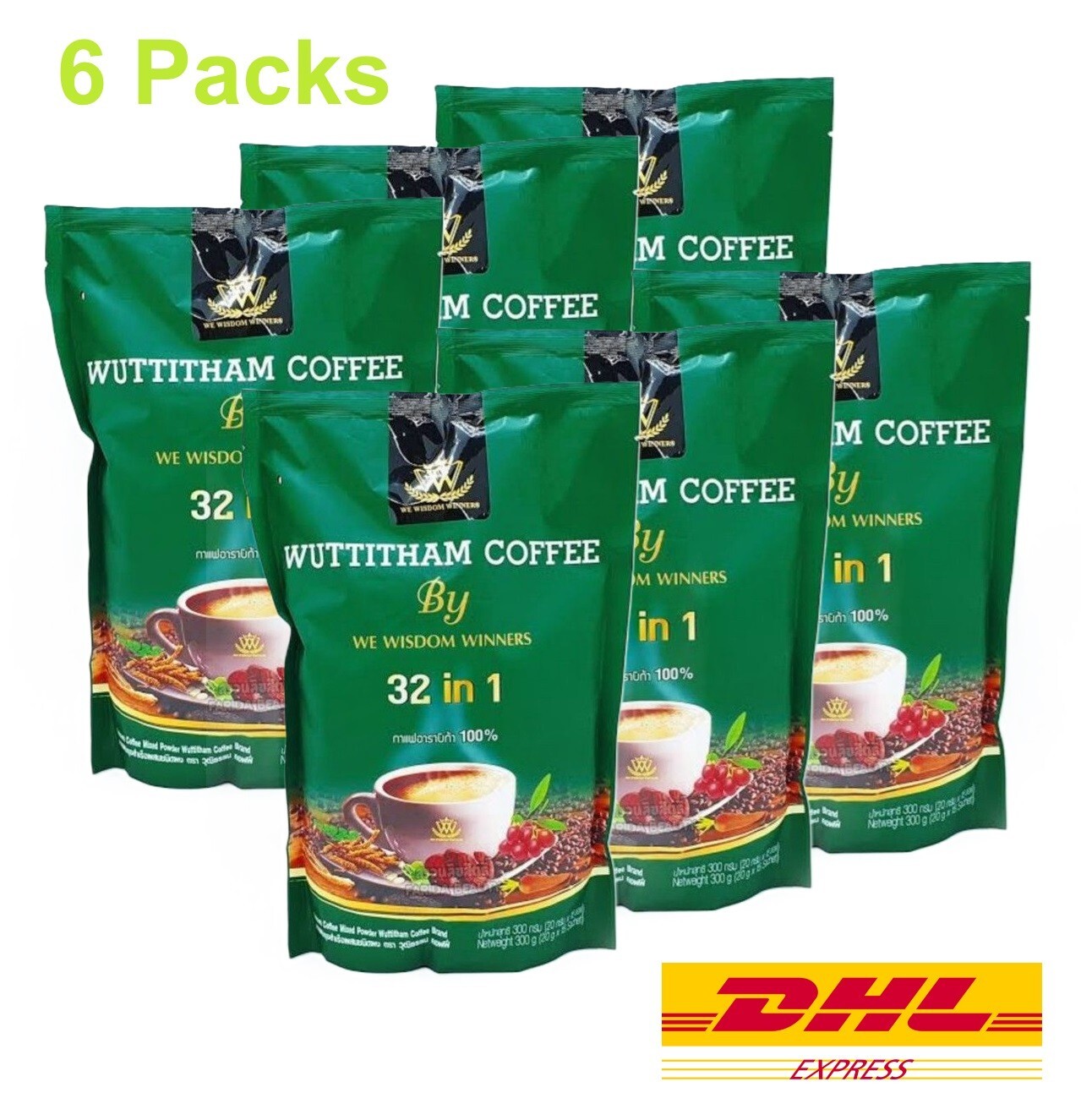 6 x Wuttitham Healthy Instant Coffee 32 in 1 Mixed Herbs Manage Weight Control