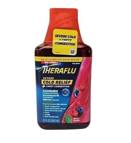Thera Flu Severe Cold Relief + Chest Congestion Berry Flavor 8.3 oz Exp: 8/27