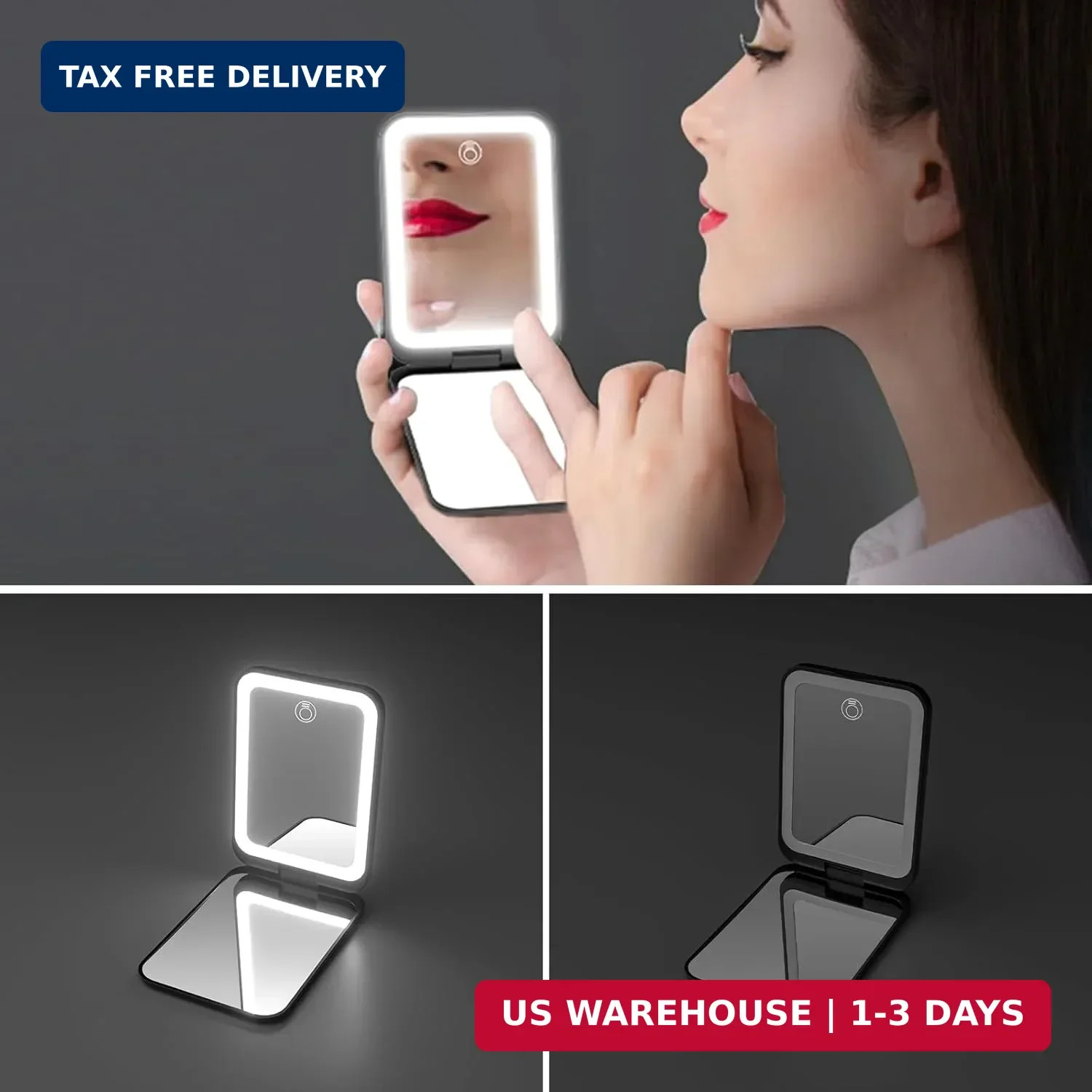 Kintion 2025 Pocket Mirror, Rechargeable Dimmable 3 Color Lighting 1X/3X LED Com