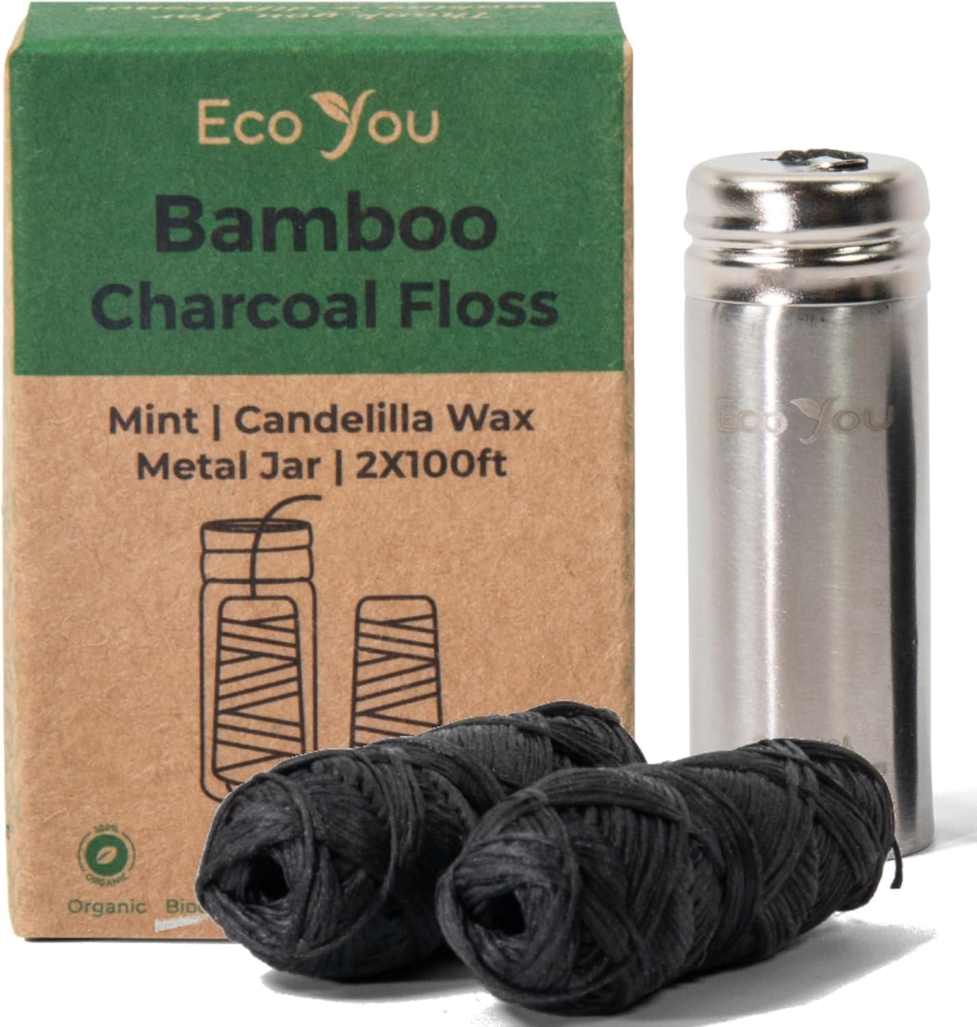 Charcoal Bamboo Floss | 2 Non Toxic Natural Floss Refill with Metal Container |