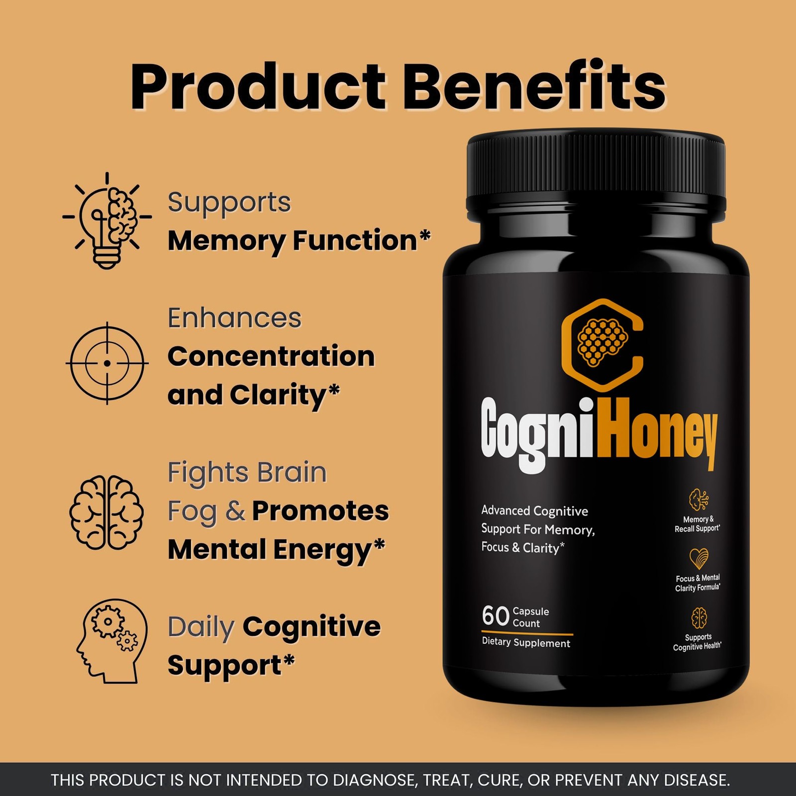 CogniHoney Brain Memory Focus Supplement Nootropic Capsules 1 Pack 60Ct