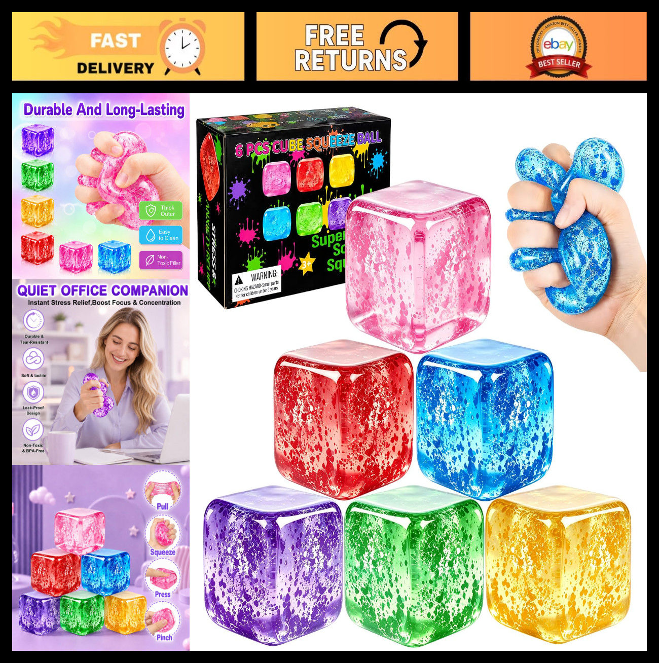 6PCS Glitter Stress Cube Balls – Squishy Fidget Toys for Anxiety Relief, Party F