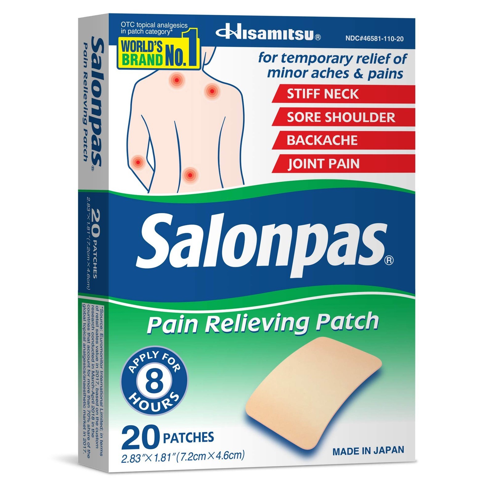 2 Pack Salonpas Pain Relieving Patches 8 Hour Relief – 20 Count Exp 03/2027