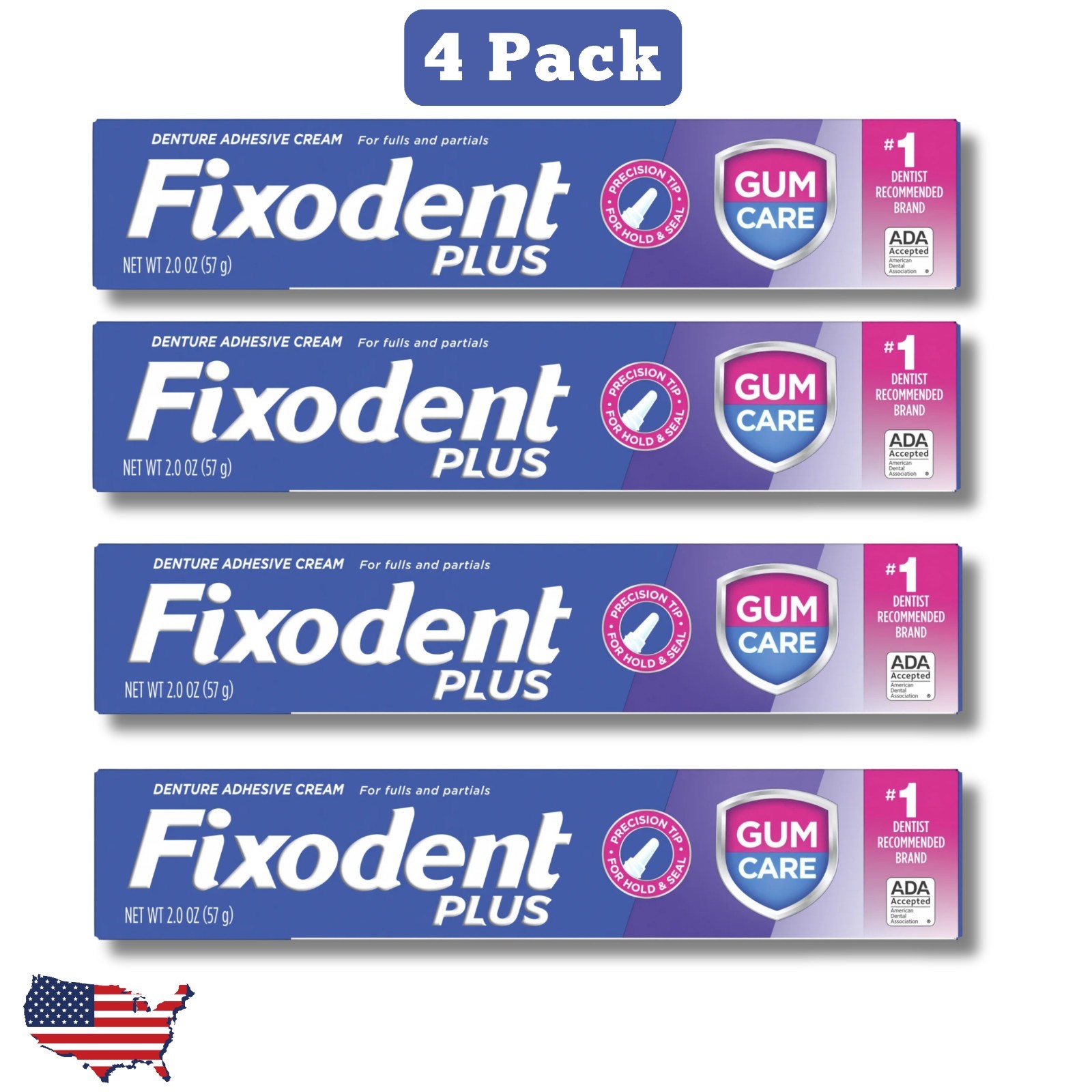 4 Pack Fixodent Plus Denture Adhesive, Precision Hold, Gum Care. 2.0 oz, – NEW