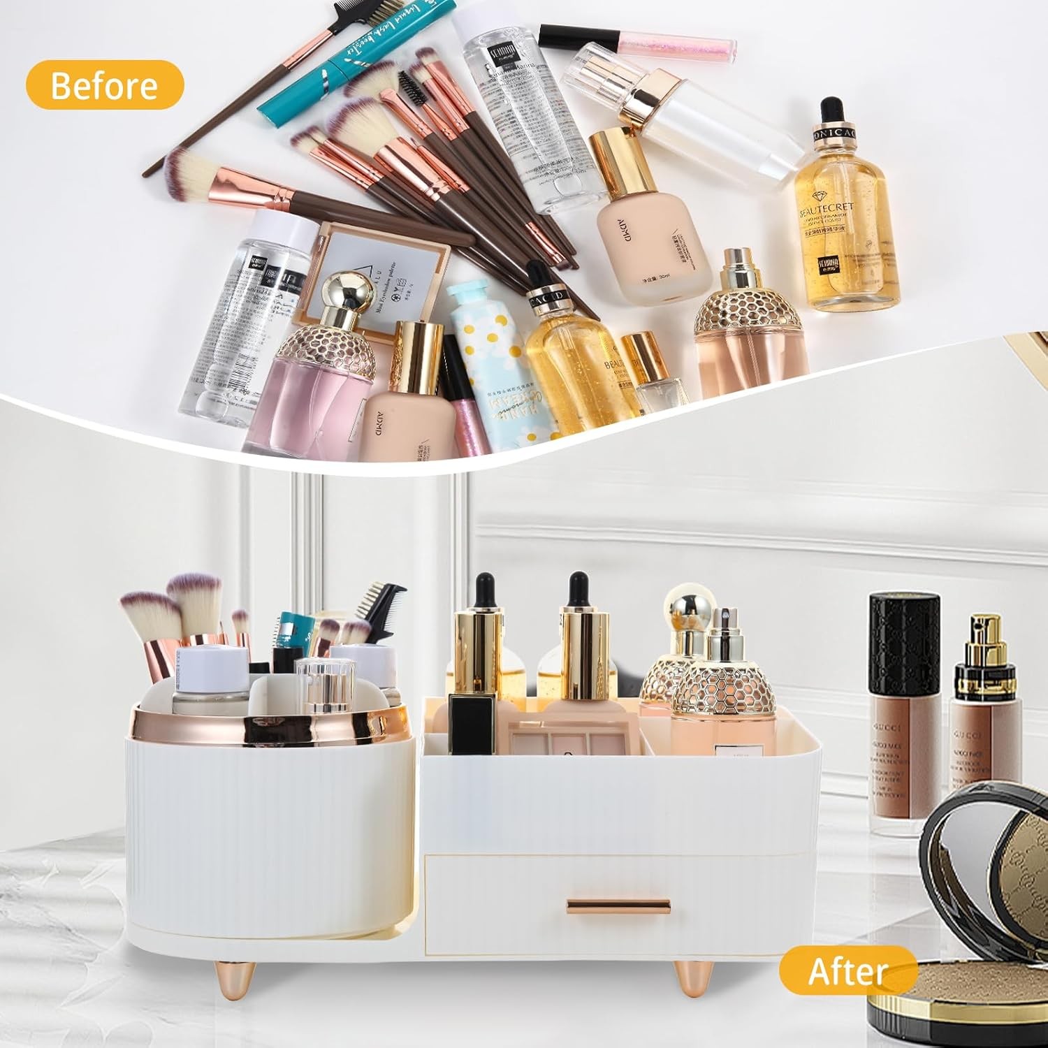 Makeup Organizer Countertop with Drawer 360 Rotating Brush Holder Storage Large
