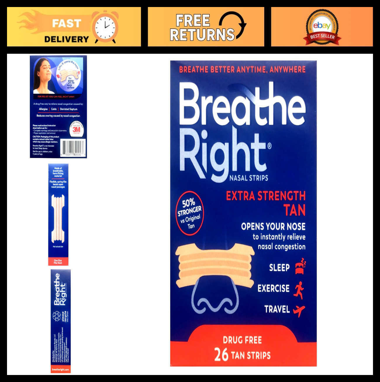 Nasal Strips for Snoring Relief, Drug-Free, Extra Tan, 78 Count (3 Packs)