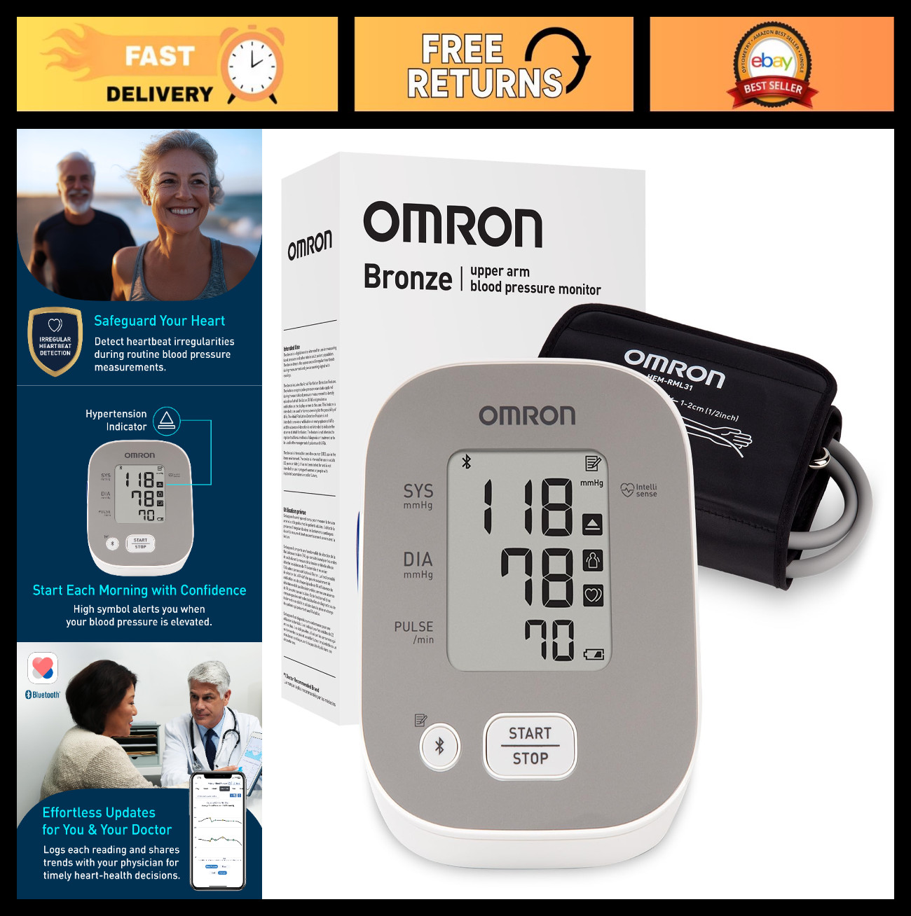 Upper Arm Blood Pressure Monitor – Clinically Validated, Home Use, Connect App,