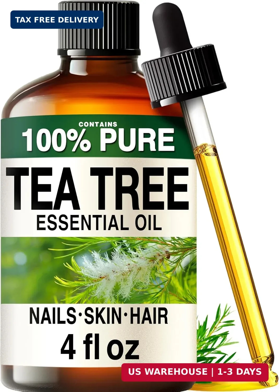 100% Pure Tea Tree Oil – 4 Fl Oz Tea Tree Essential Oil for Hair, Skin, Diffuser