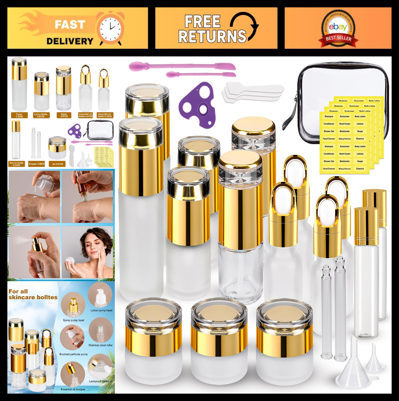 30 Pack TSA Approved Travel Containers – Refillable Skincare Jars & Bottles, Lea