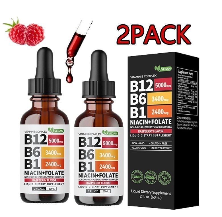2-Bottles Vitamin B12 and B6 Liquid Drops B12 Complex – B1 Sublingual Vitamin B