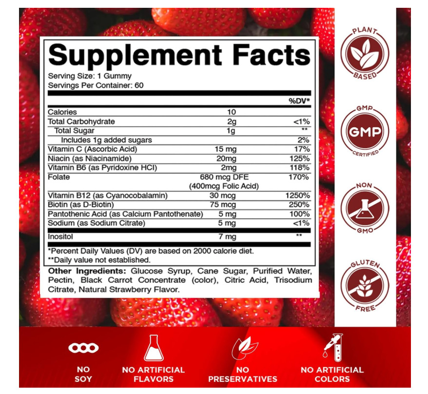 Vitamin B Complex Gummies With Vit C Inositol Strawberry Energy Vegan 60 Count