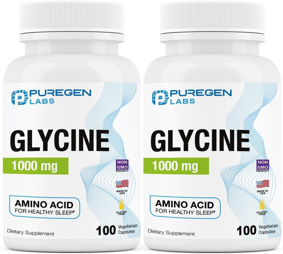 Puregen Labs Glycine 1000mg [High Potency] 100 Vegetarian Capsules, 2 pk