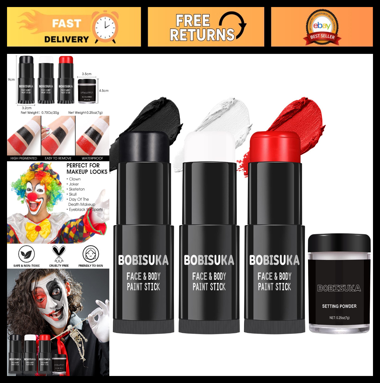Black White Red Face Paint Stick Set with Setting Powder – Clown Makeup, Hallowe