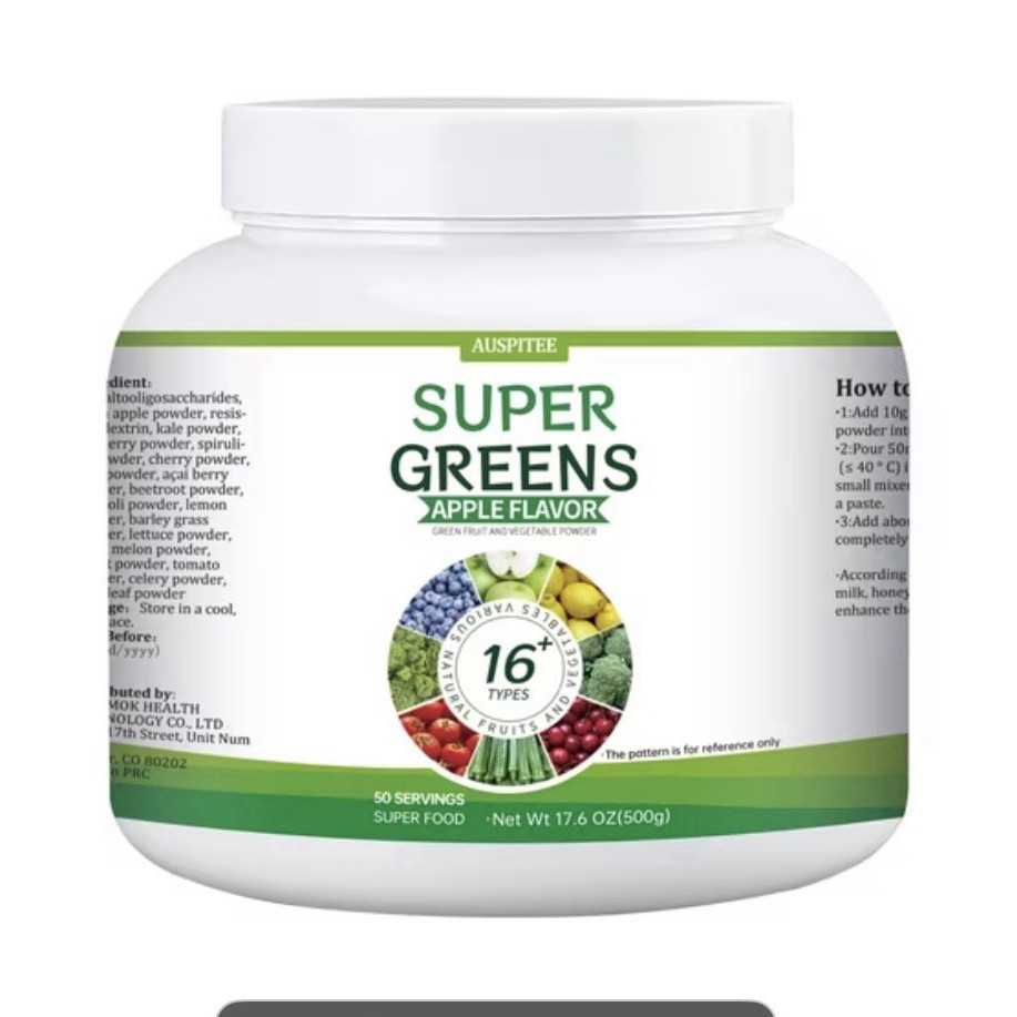 AUSPITEE Super Greens Green Food Powder, Apple Flavor, 17.6 oz (500 g)