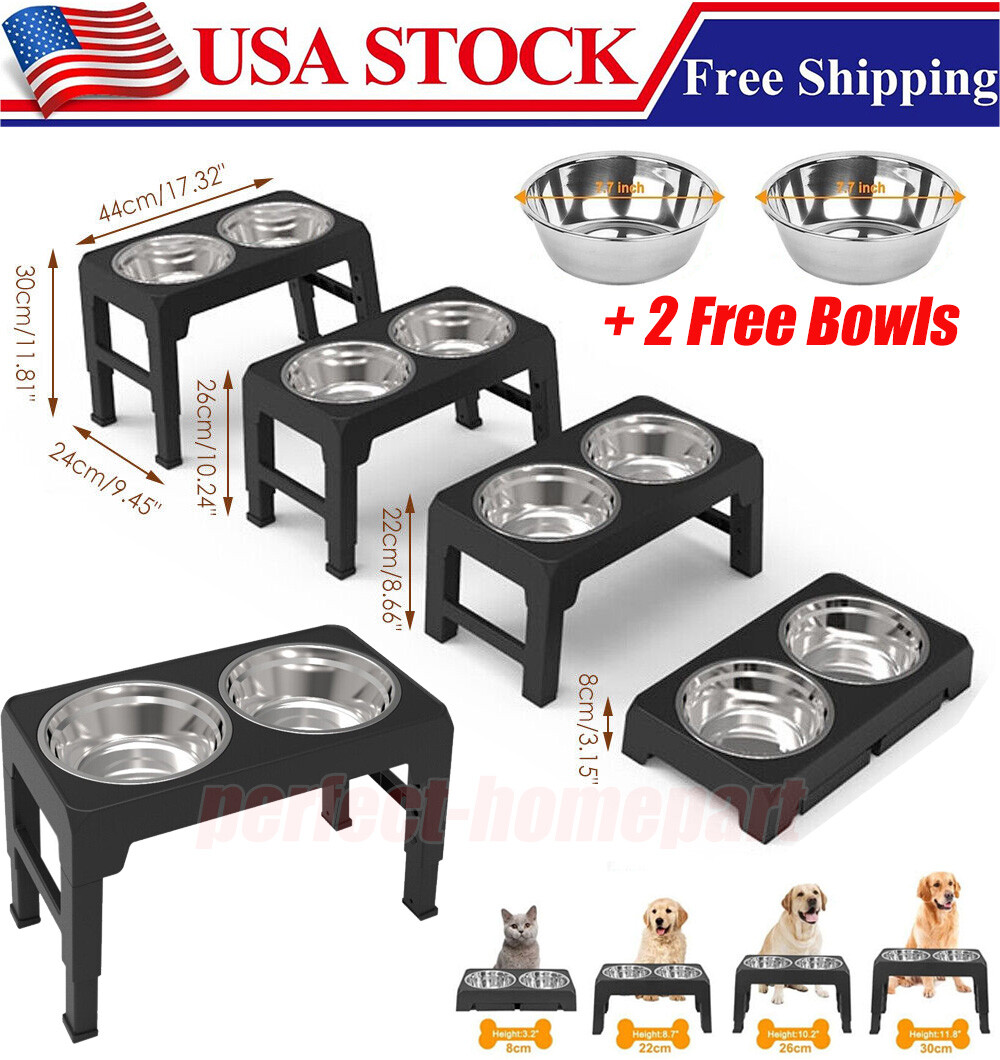 Elevated Dog Bowl Pet Feeder Stainless Steel Raised Food Water Stand w/ 2 Bowls