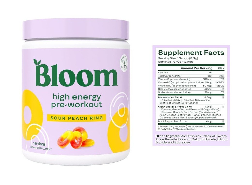 Bloom Pre-Workout high energy Sour Peach Ring ~ 25 Servings 2027 ~ ships free