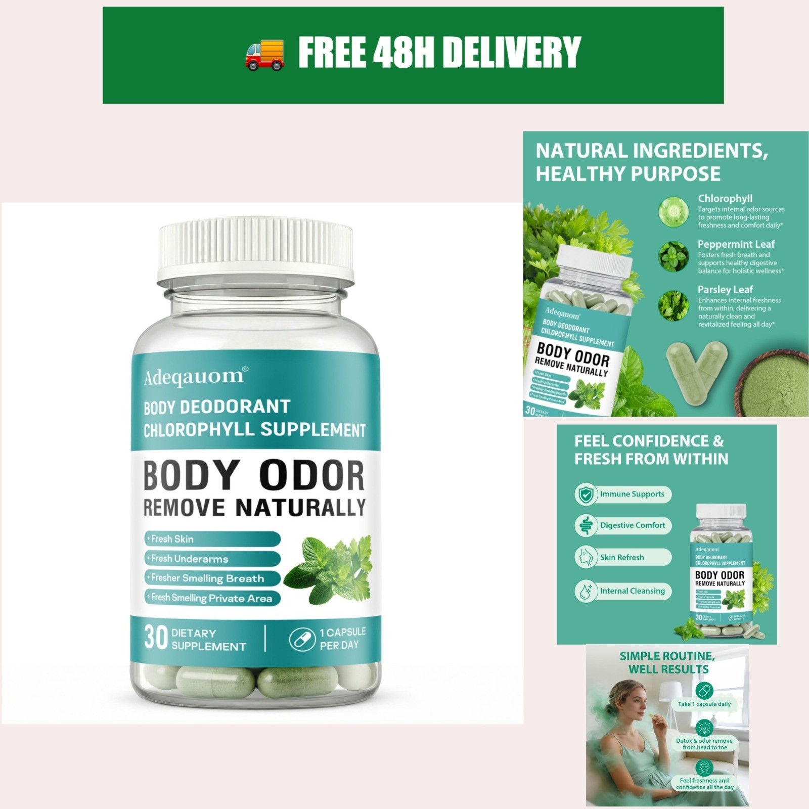 Adeqauom Chlorophyll Capsules for Gut Health, Fresh Breath, Detox 30 Count