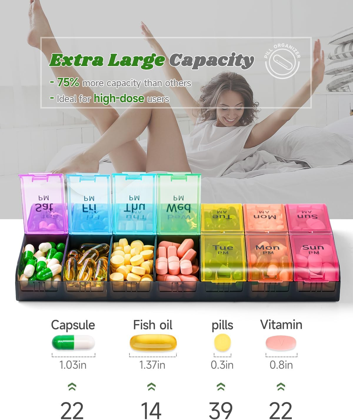 Extra Large Pill Organizer 7 Day AM PM Twice Daily Box for Big Pills Travel Case