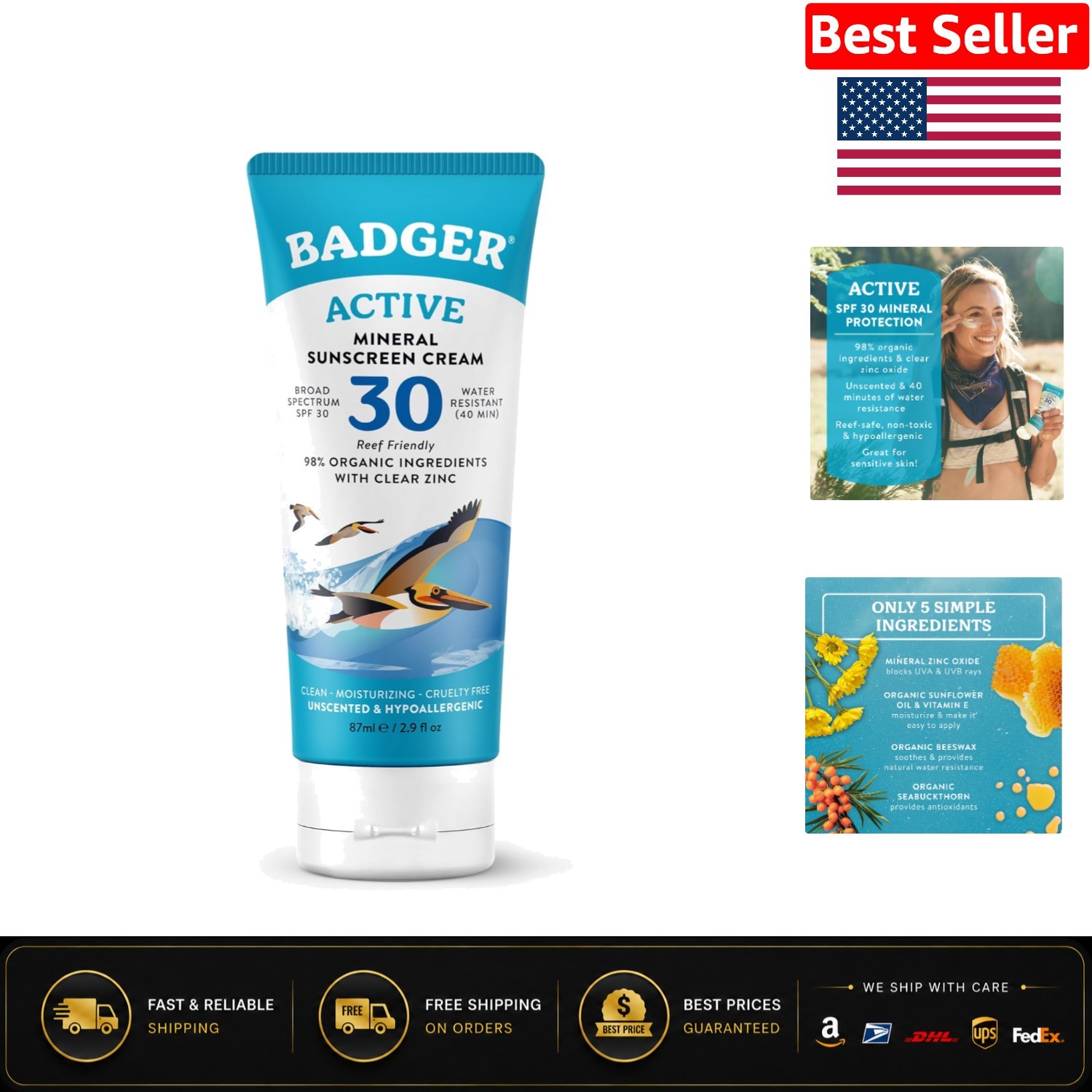 Reef Safe Lotion: Mineral Sunscreen SPF 30, Unscented & Travel Friendly 2.9 oz