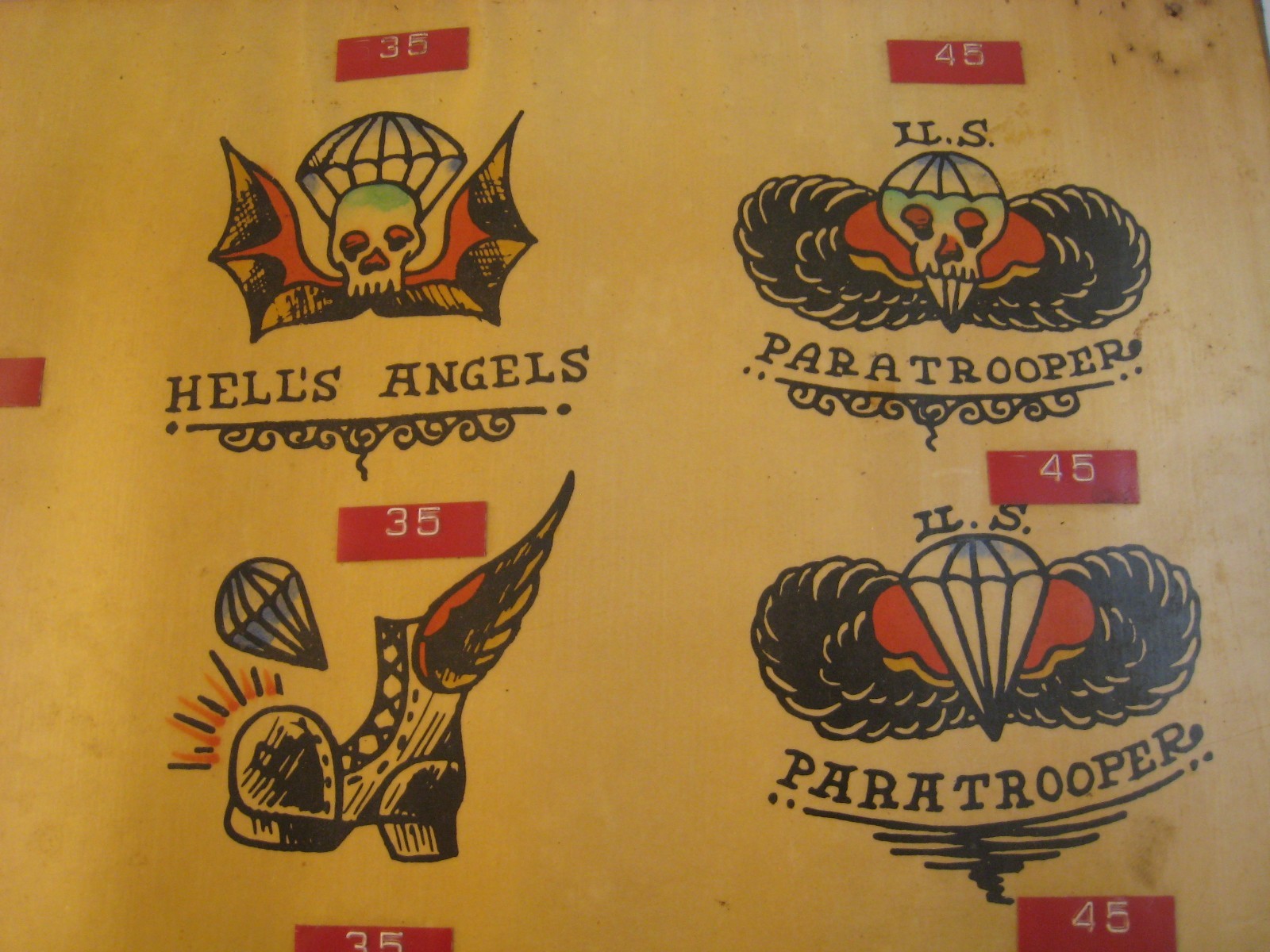 Vint. old tattoo flash ..11 x 14 in. ‘ PARATROOPER, ANGELS ‘… SAILOR BILL