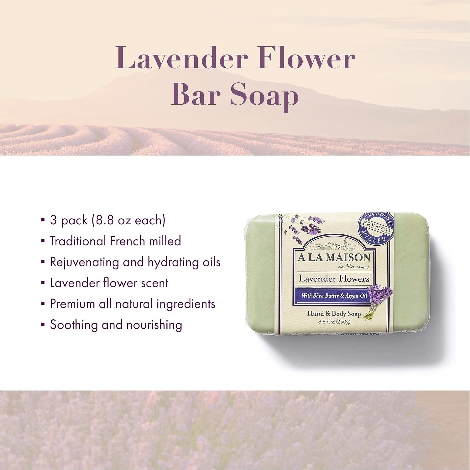 Lavender Flower Soap Bars – Biodegradable, Cruelty-Free, 8.8oz Organic Set of 3