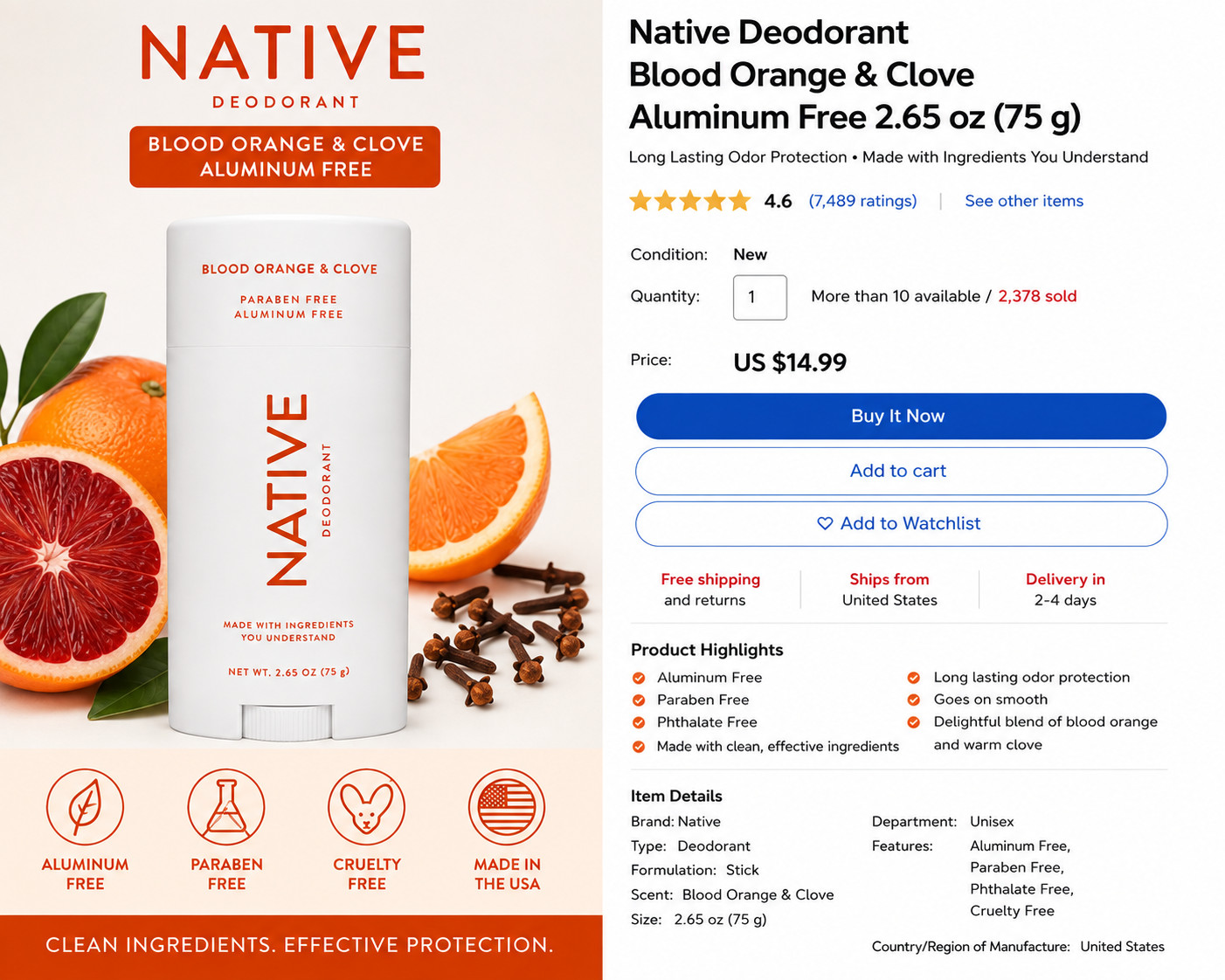 Native Blood Orange & Clove Deodorant Aluminum Free 2.65 oz (75 g)