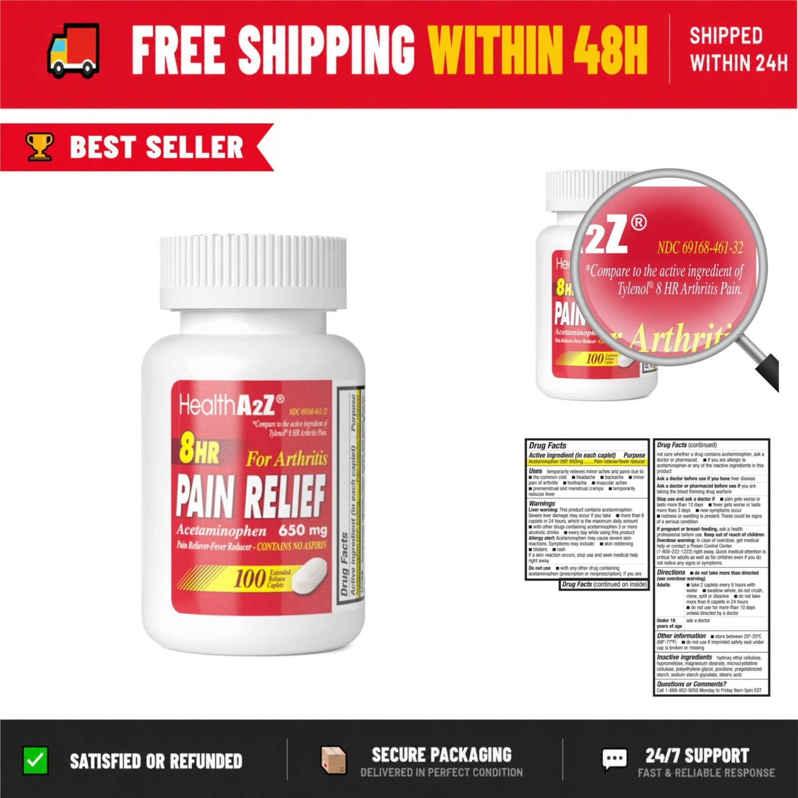 HealthA2Z Pain Relief Extended Release 650mg Caplets – 100 Count