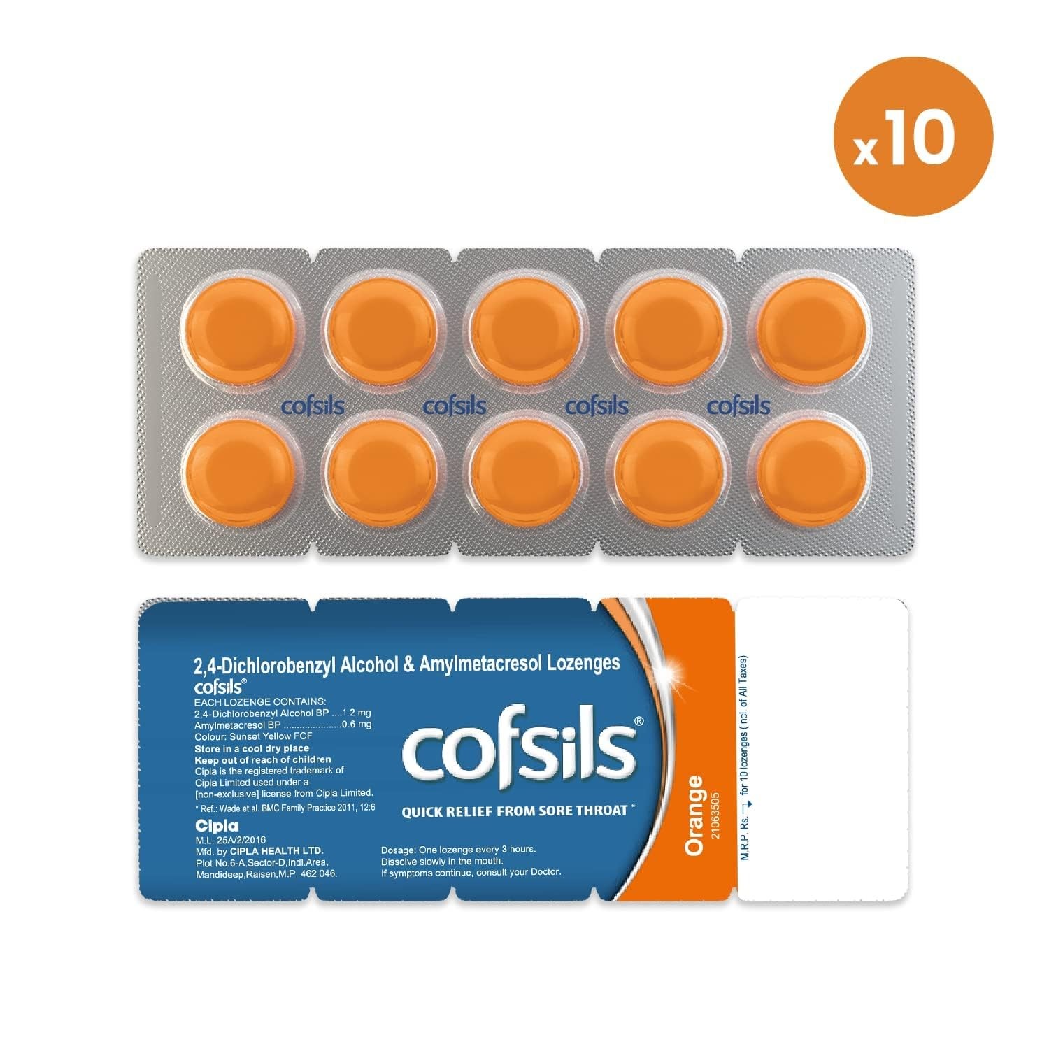 Cipla Cofsils Lozenges (100 Lozenges) | Orange Flavour | 10 x 10 Strip FREE SHIP