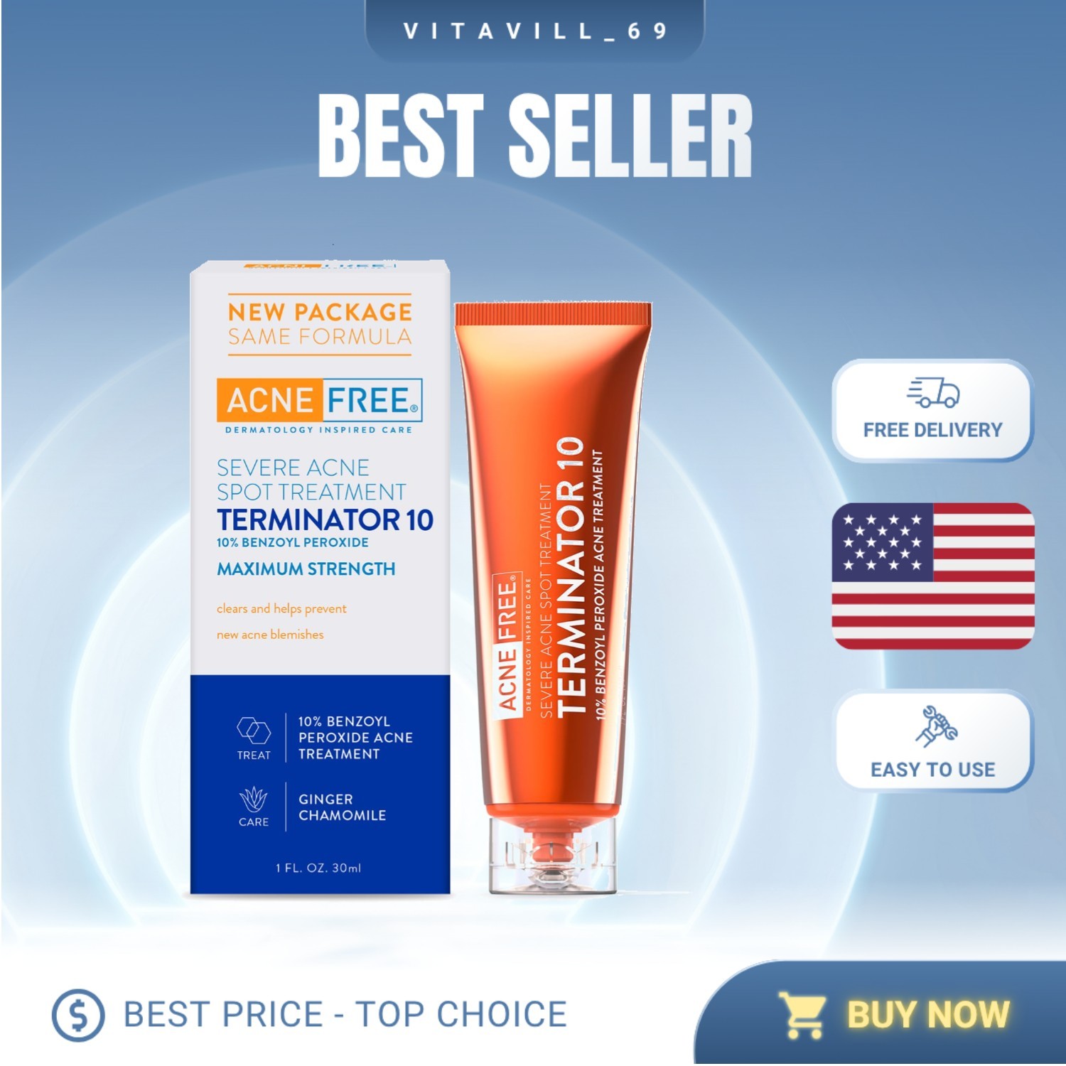 Pocket-Sized Terminator 10 Acne Treatment – 10% Benzoyl Peroxide, Soothing Cream
