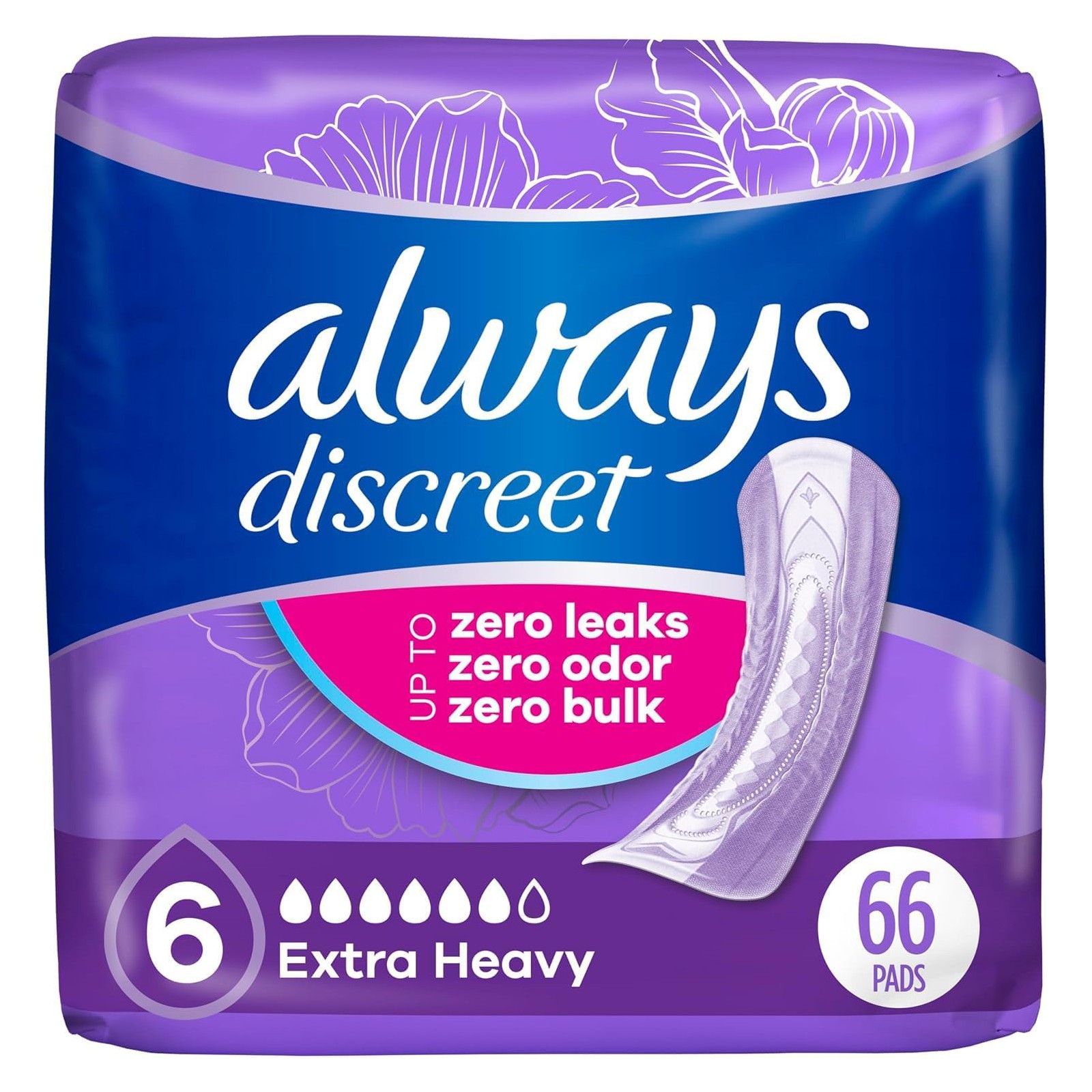 Always Discreet Adult Incontinence Pads for Women, Extra Heavy Absorbency, 66 Ct