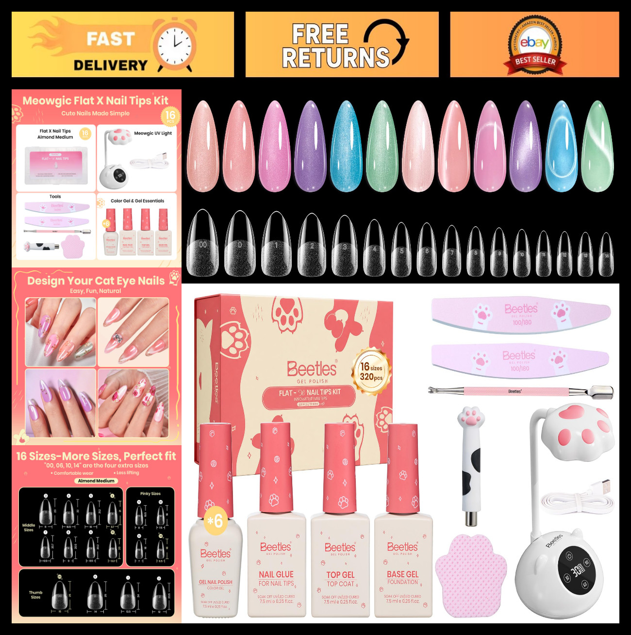 320PCS Medium Almond Soft Gel Nail Tips Kit with UV Lamp & 6 Cat Eye Colors, 16