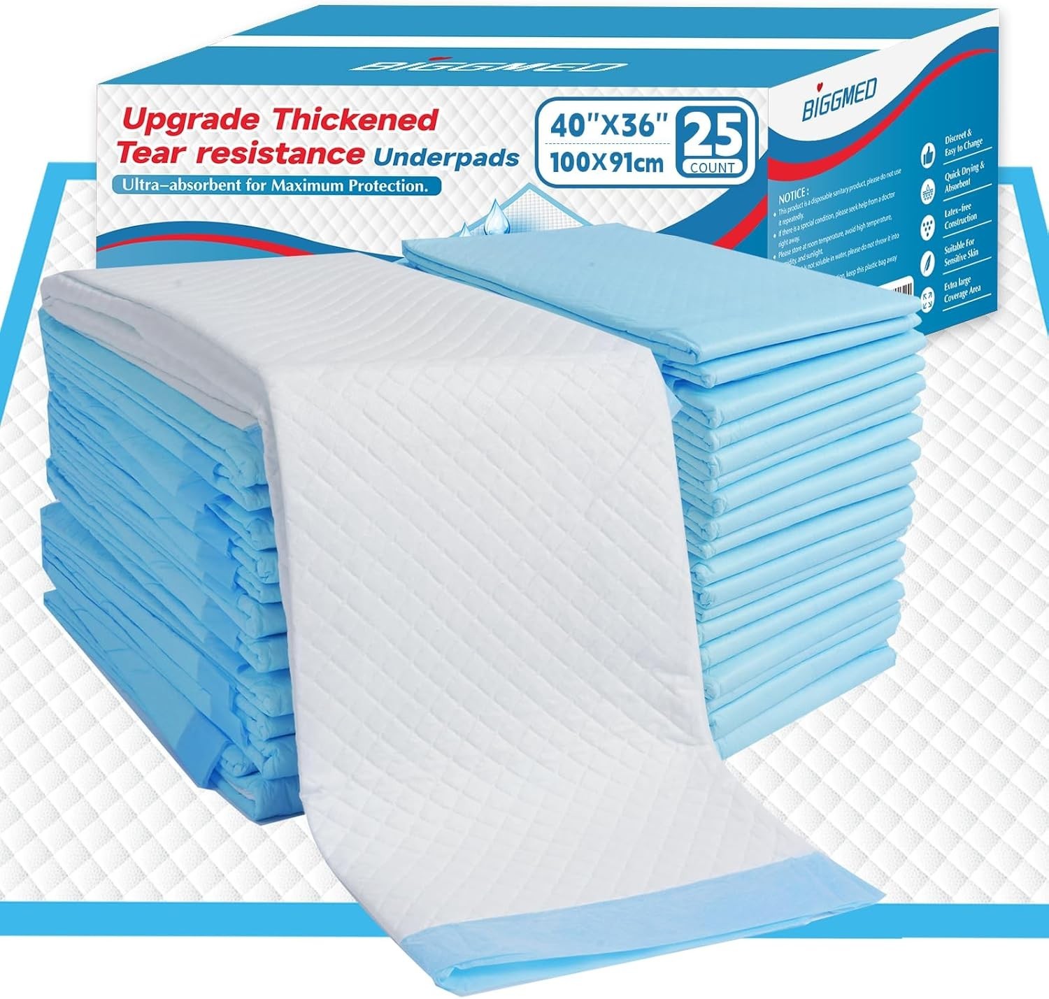 BIGGMED Tear-Resistant Incontinence Bed Pads 40” x 36” 130 Gram Heavy Duty (25
