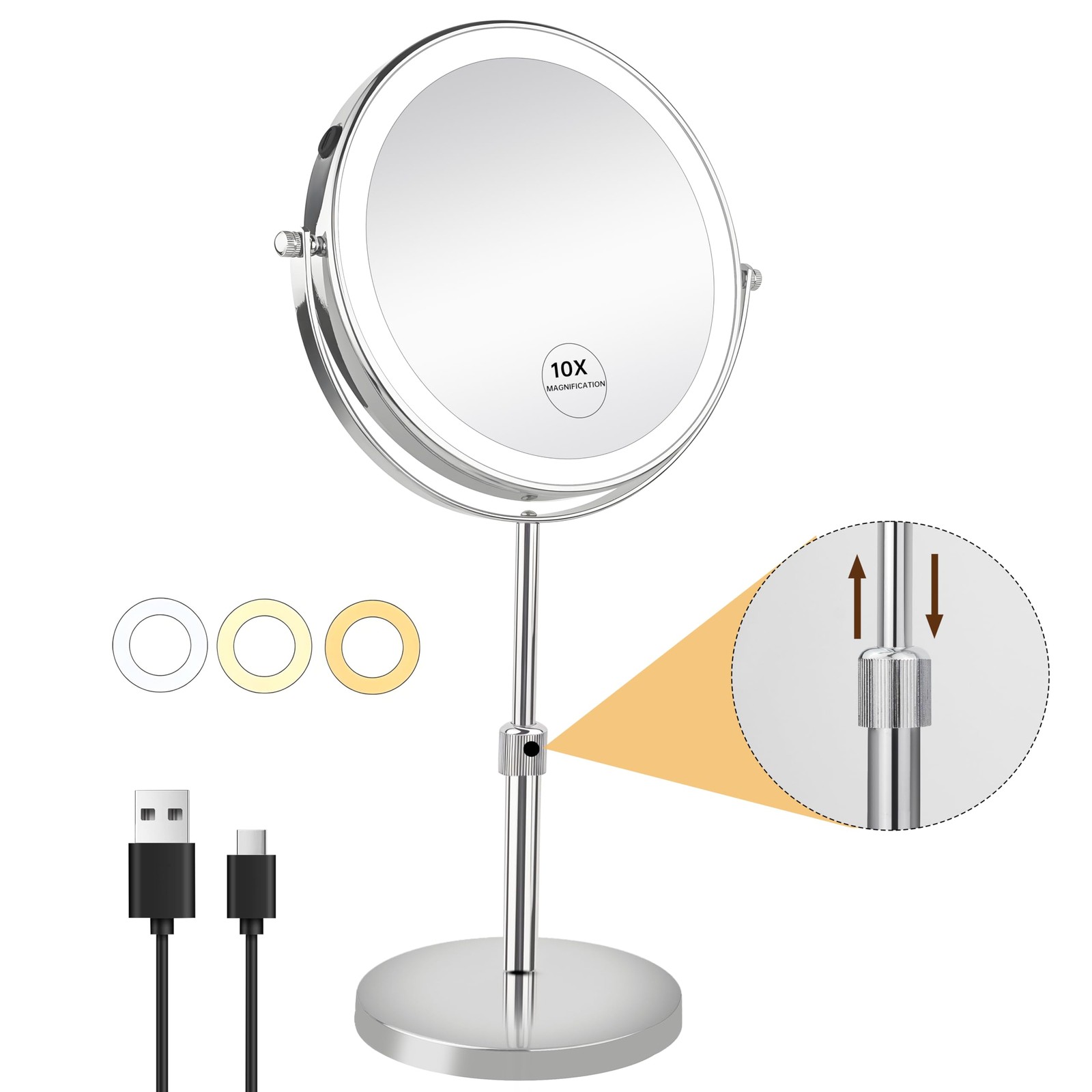Lighted Makeup Mirror 10X Magnifying 8″ Height Adjustable – Rechargeable 3 +10.0
