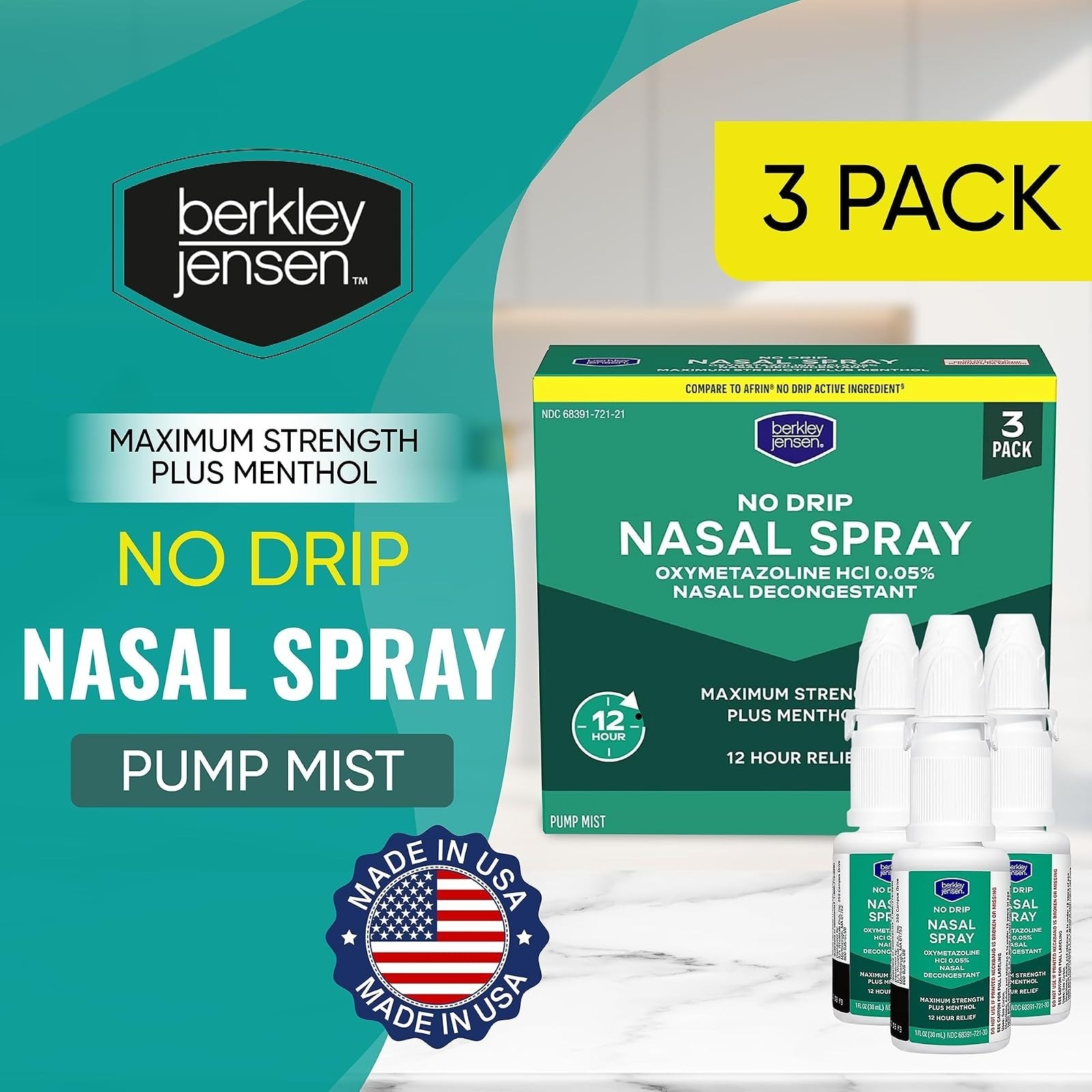 Berkley Jensen No Drip Severe Congestion Nasal Spray – 1 Fl Oz (Pack of 3)